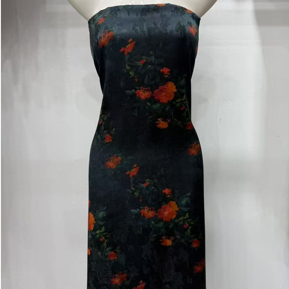 【小石】真丝提花透孔花萝缎布料 墨兰牡丹（不支持7天无理由退换）