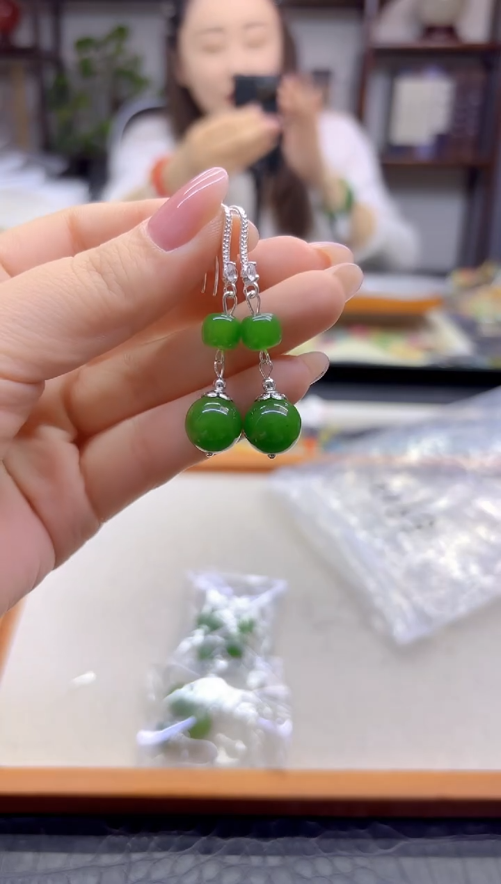 银S925镶嵌和田玉耳饰DIY款E902