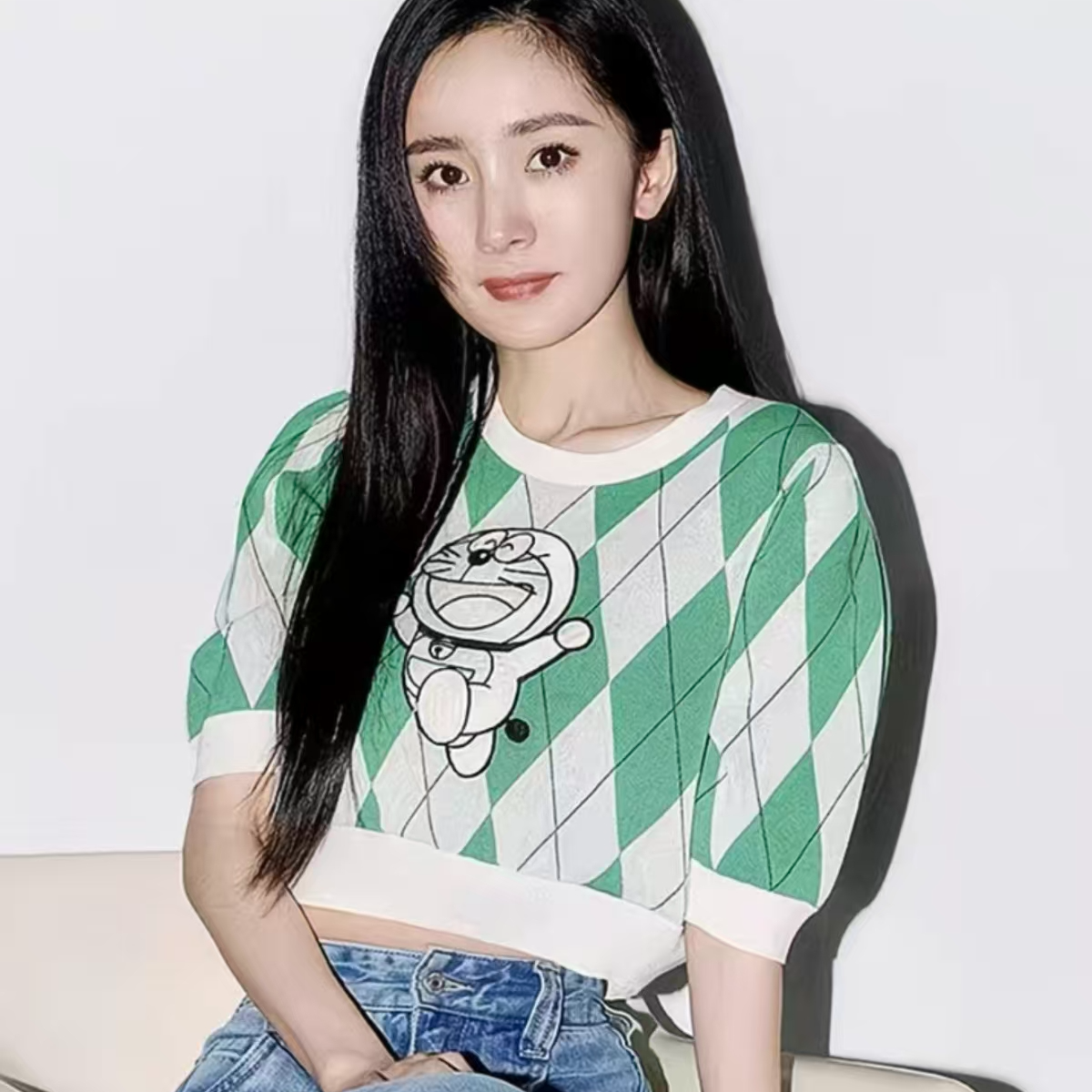 A2825明星杨幂同款哆啦A梦提花针织衫女夏薄款