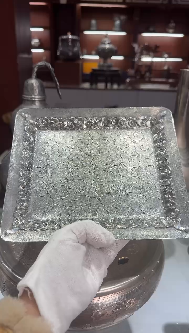 ?***3足银精工手工四方祥云茶盘