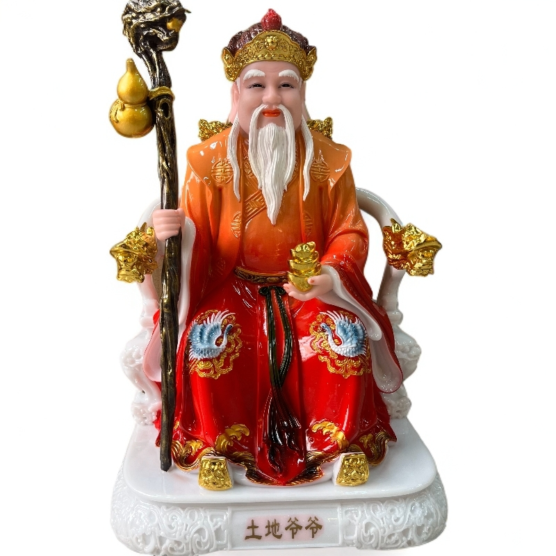 仿汉白玉彩绘土地公土地婆神像家庭供奉新中式家用摆件