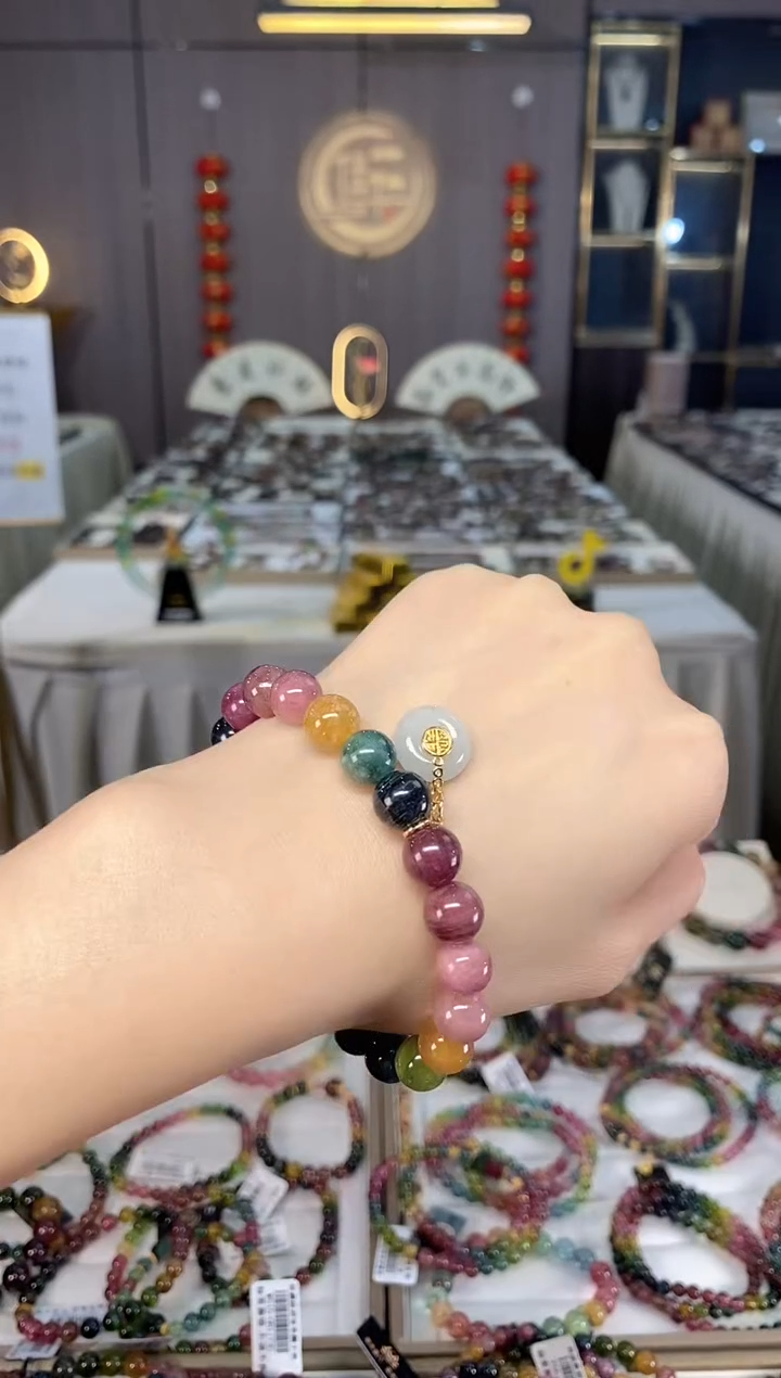 未镶嵌老矿碧玺色标彩虹单圈手串9mm+碧玺dan多样性发货一条