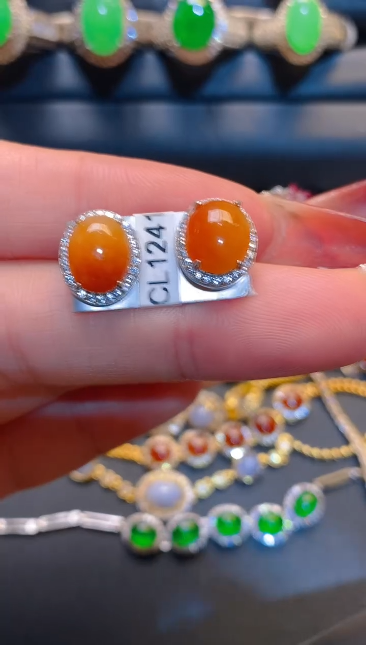 翡翠银S925镶嵌耳饰天然