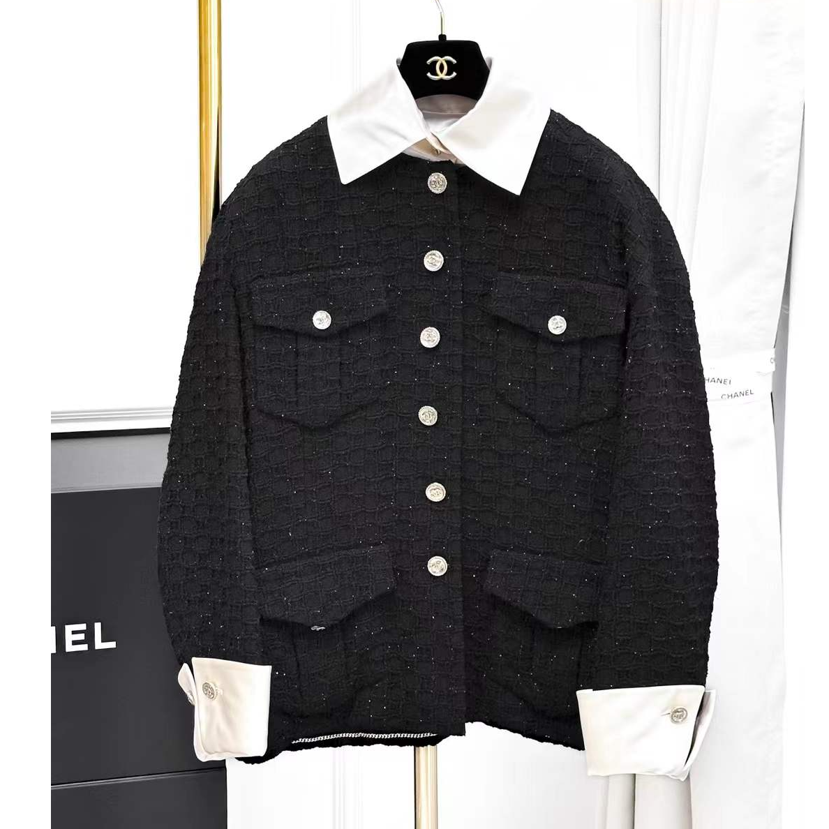 99新 Chanel/香奈儿 34码21S黑色四口袋拼白色缎面编织外套