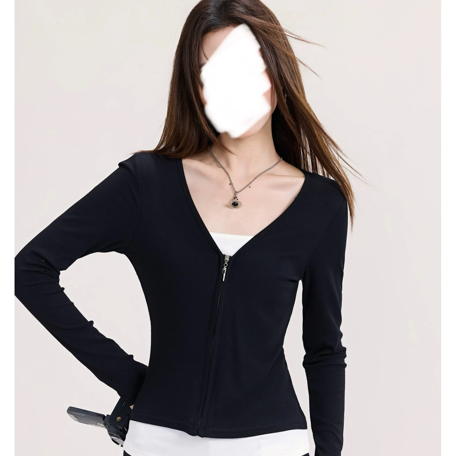 设计感假两件黑色长袖t恤女早春2025新款别致修身显瘦上衣