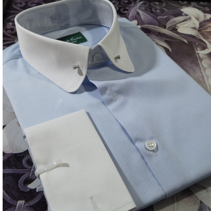 秋冬新品首发正品伊顿领圆角领领针男士长袖修身法式袖扣衬衫  