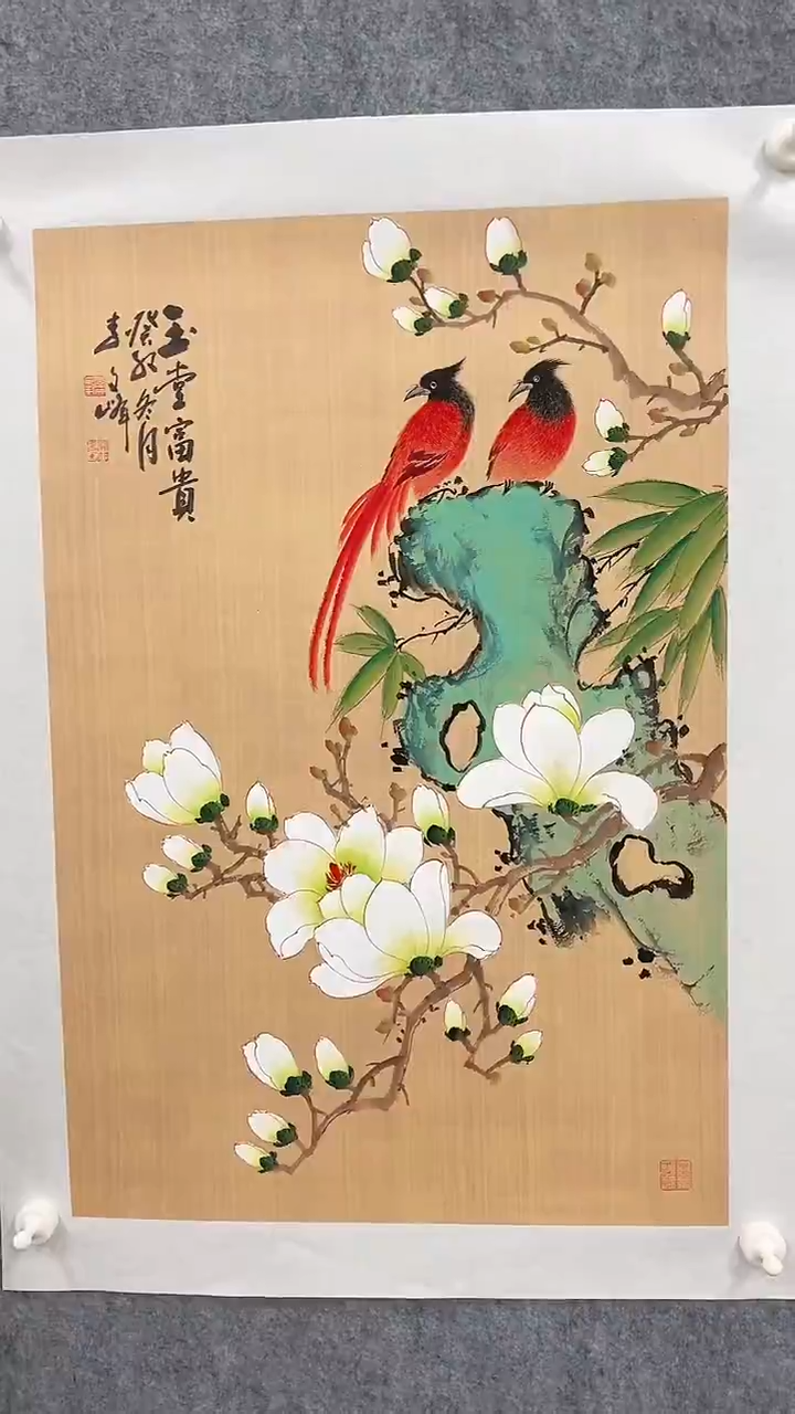 国画李文峰四尺三开工笔花鸟