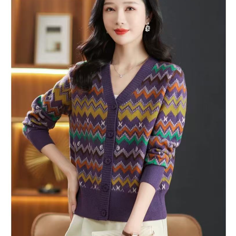 2025年新款濮院纯羊毛衫女士针织开衫毛衣外套妈外穿宽松百搭805