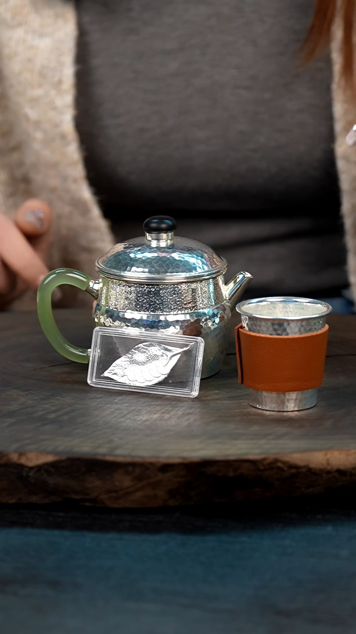 【闪购商品】手工锤纹银泡茶壶+1杯子+银叶