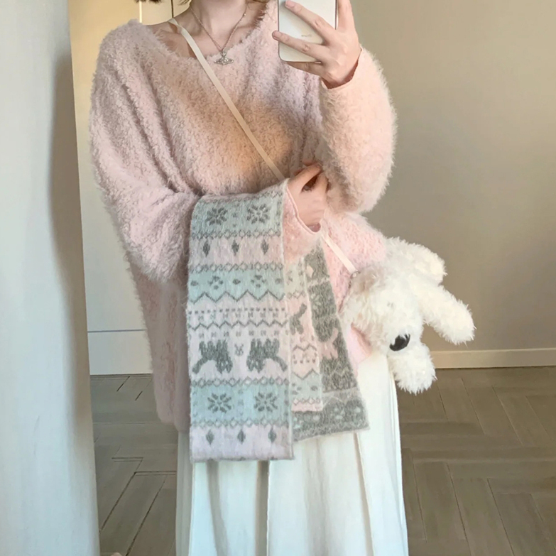 韩版费尔岛猫咪双面提花围巾秋冬新款温柔甜美氛围感保暖针织围脖