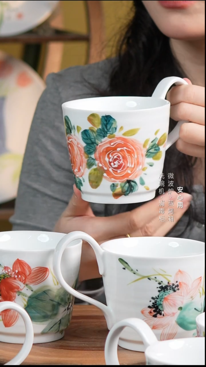瓷景德镇高温手绘釉下彩300CC大耳朵咖啡杯粉玫瑰