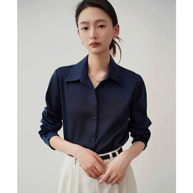 【妙妙衬衣】纯色几何图案纽扣衬衫通勤蓝色秋季简约春季