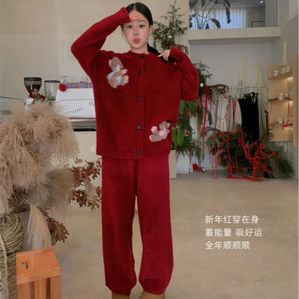 赵露丝luse明星同款半边绒饼干小熊开衫甜美半边绒睡衣居家保暖