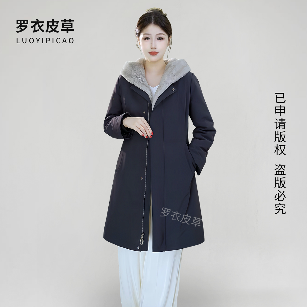 女士貂绒派克服简约连帽中长款冬季保暖可拆卸尼克服7126