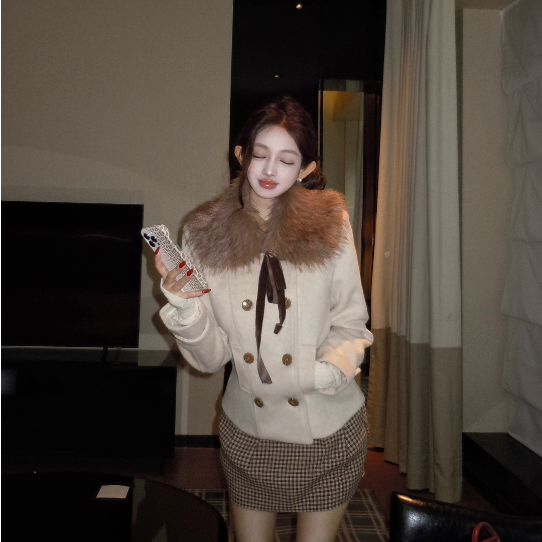 昭和千穗 日系古早感收腰双排扣单面呢外套秋冬+栗棕格修身半身裙