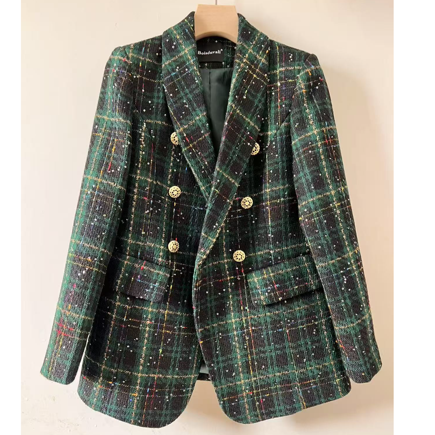 99—22010重工格子小香风高级绿色外套气质高级感