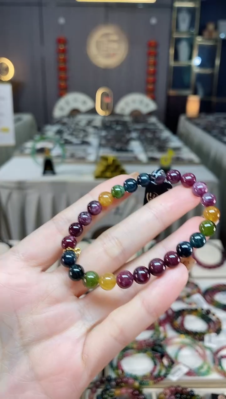 未镶嵌老矿碧玺色标彩虹单圈手串7mm+碧玺dan多样性发货一条