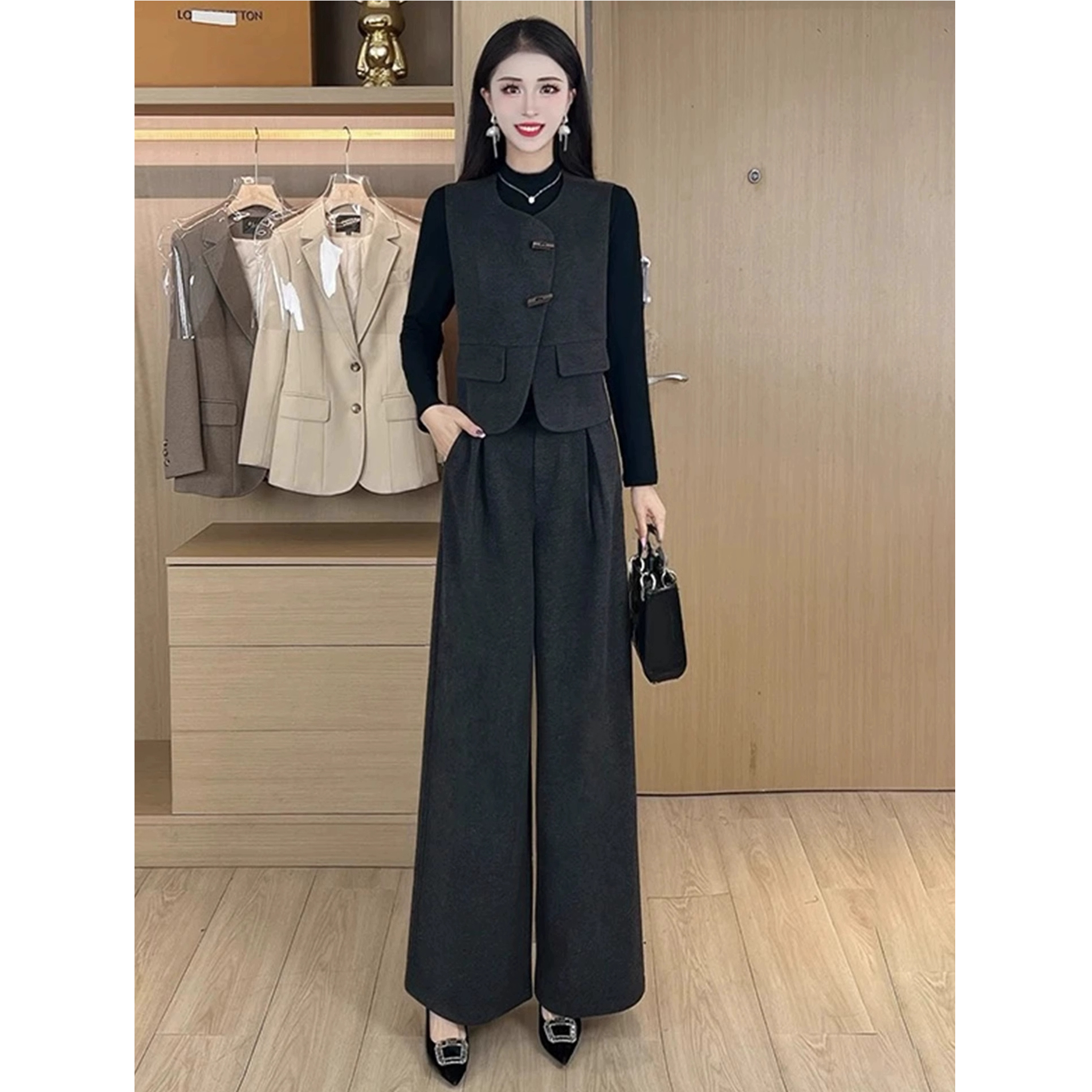 G9278气质时尚套装女2025春秋新款西装马甲阔腿裤洋气休闲三件套