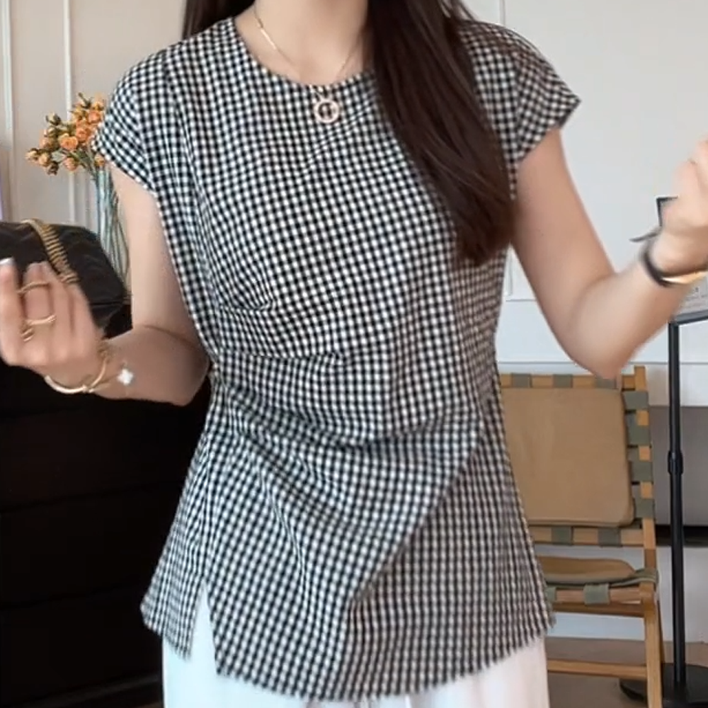 夏季休闲百搭显瘦套头侧边系带格子小衫