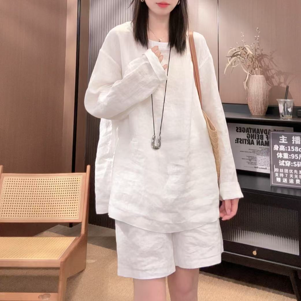 相菲一2025新款韩版慵懒风休闲100亚麻长袖T恤女时尚防晒女装