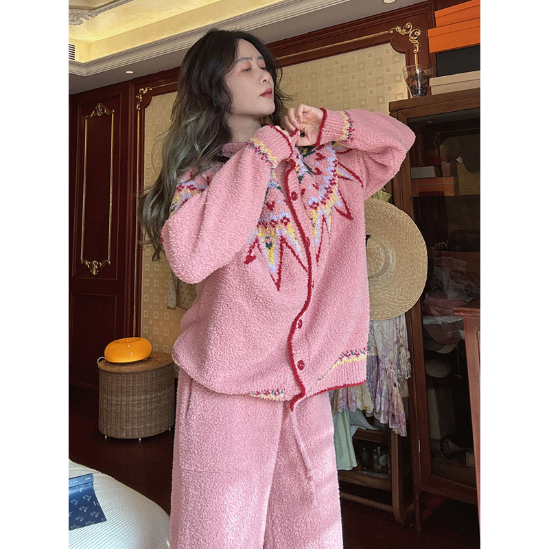 复古针织半边绒睡衣女秋冬季款新款保暖加厚大码家居服套装可外穿