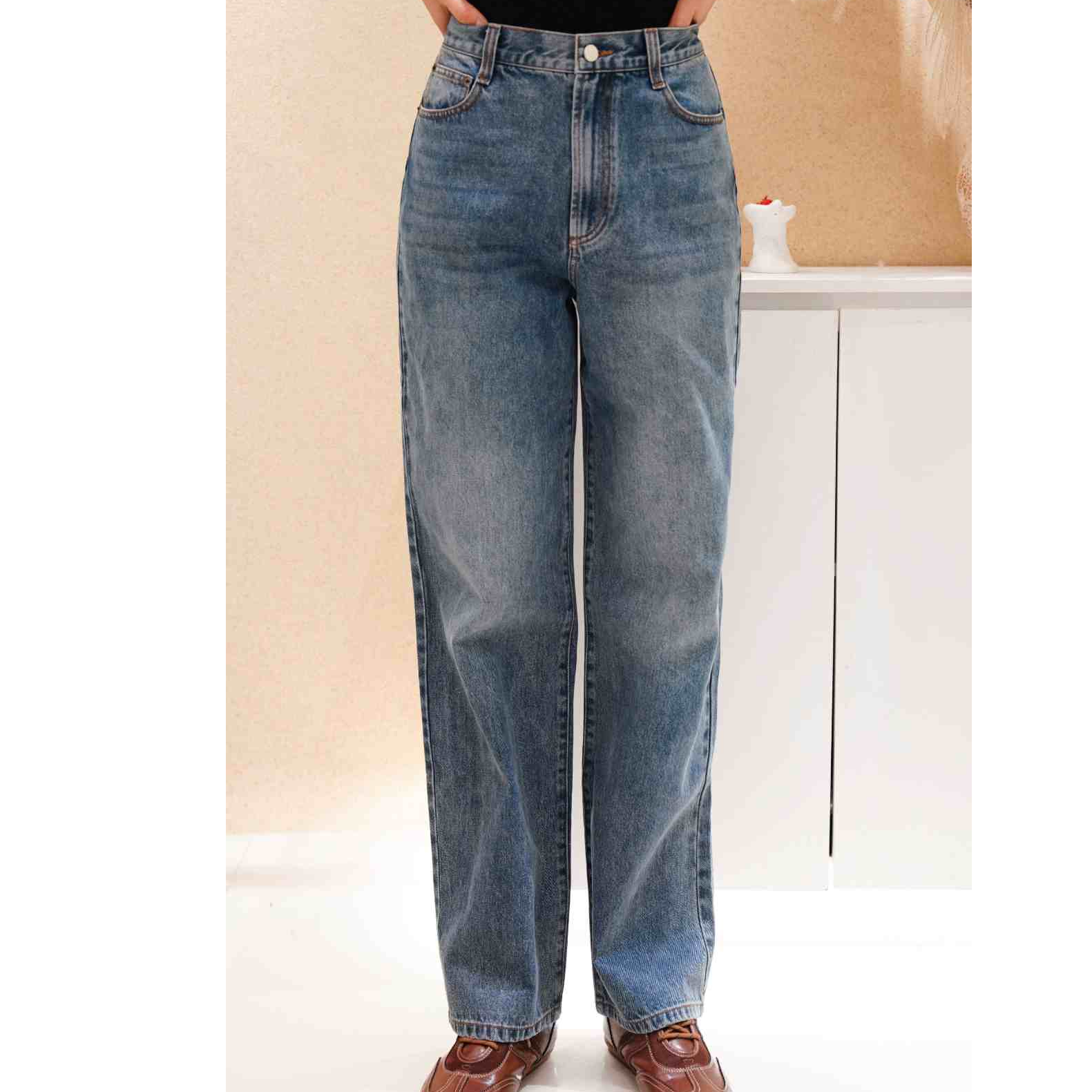 歌斯图做旧裤子休闲风无弹高腰直筒裤牛仔裤水洗休闲0163