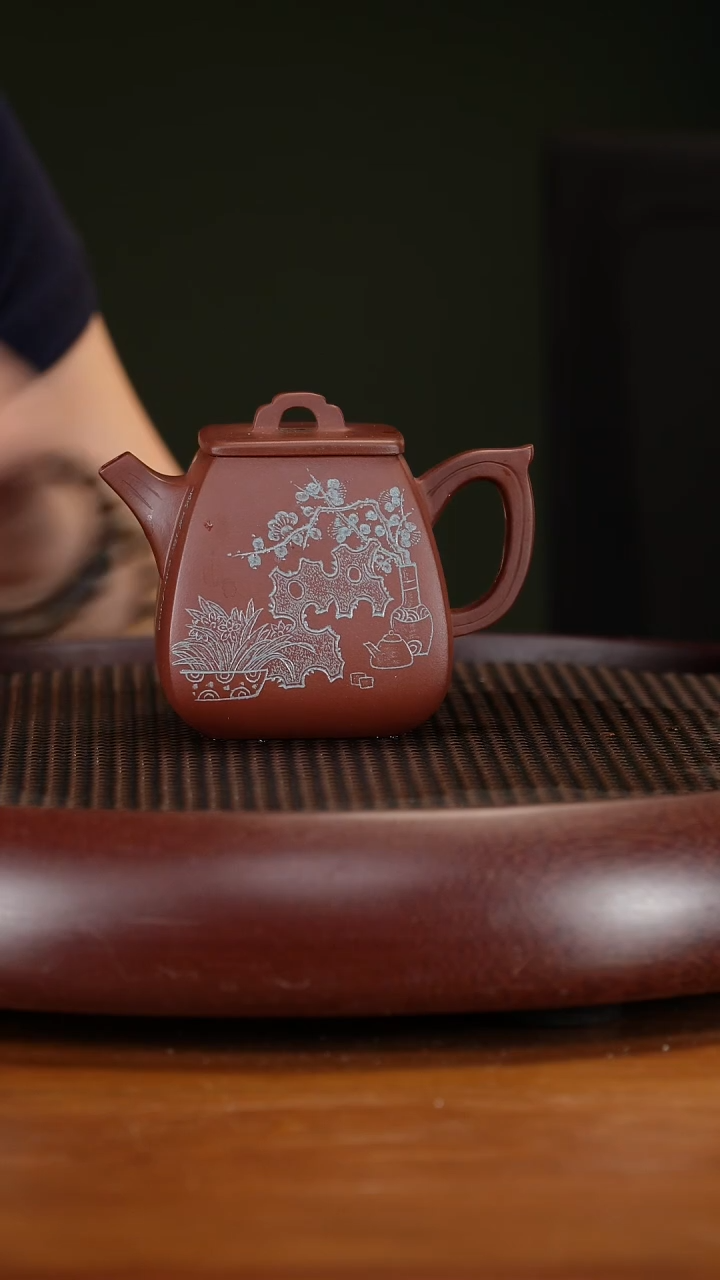 茶壶紫砂6ZKM四方石瓢 枣红泥250cc