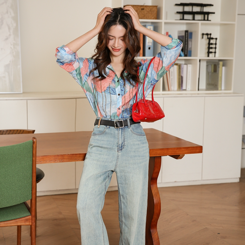 2025春季长袖衬衫港风复古宽印花松条纹亮钻女士装夏天时尚小众秋