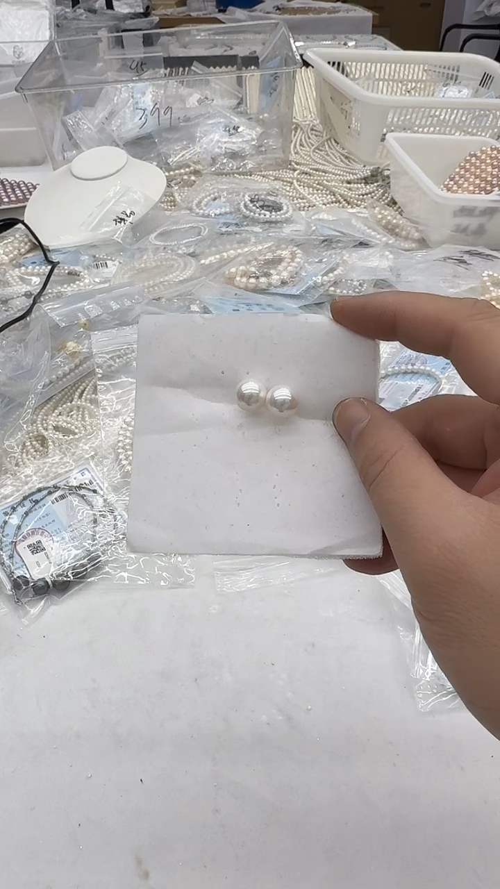 银S925镶嵌耳钉淡水珍珠10-11mm 素钉