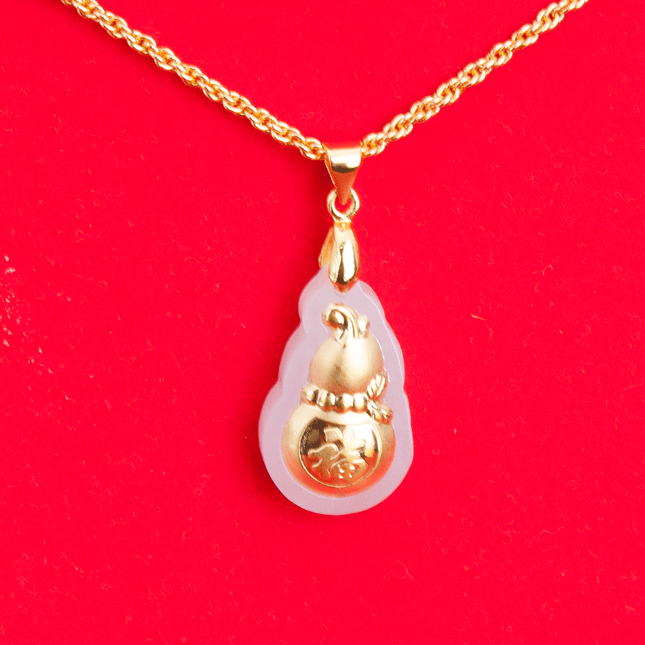 天然和田玉福禄葫芦金镶嵌吊坠K金镶玉石 赠送链子+礼盒+吊坠