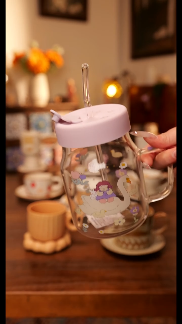 陶瓷便携款阿满吸管玻璃杯