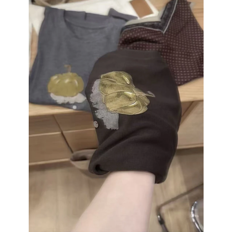 早秋羊毛卡通南瓜柔软打底短袖T恤可外穿圆领宽松显瘦上衣女春秋