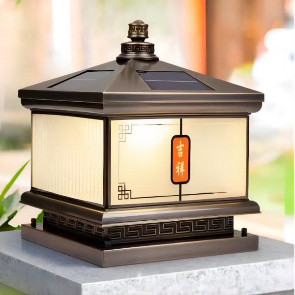 仿铜庭院太阳能市电两用柱头灯户外防水大门口新中式别墅围墙灯