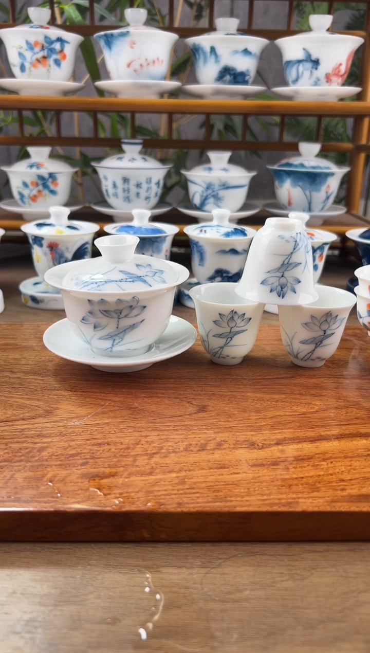 【闪购商品】微瑕素莲130ml三才盖碗+品香杯3个