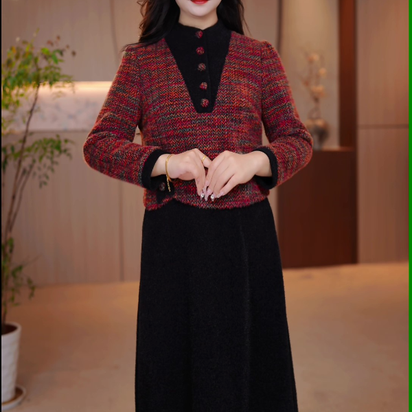 冬季新款雪尼尔绒假两件大码女装连衣裙加绒加厚遮肉显瘦加大显瘦