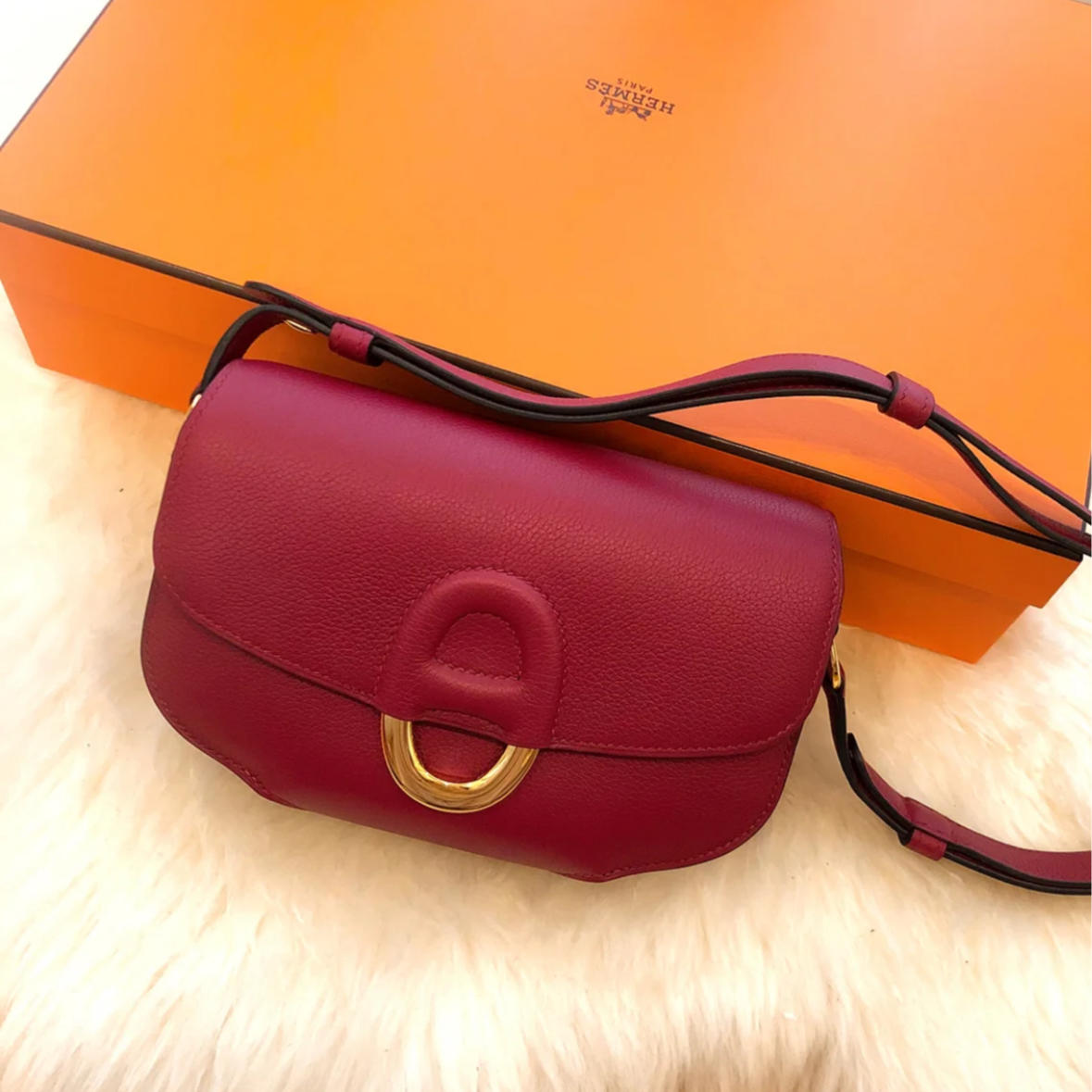 95新 Hermes/爱马仕 小花Jerry midi 猪鼻包 中号石榴红 X刻