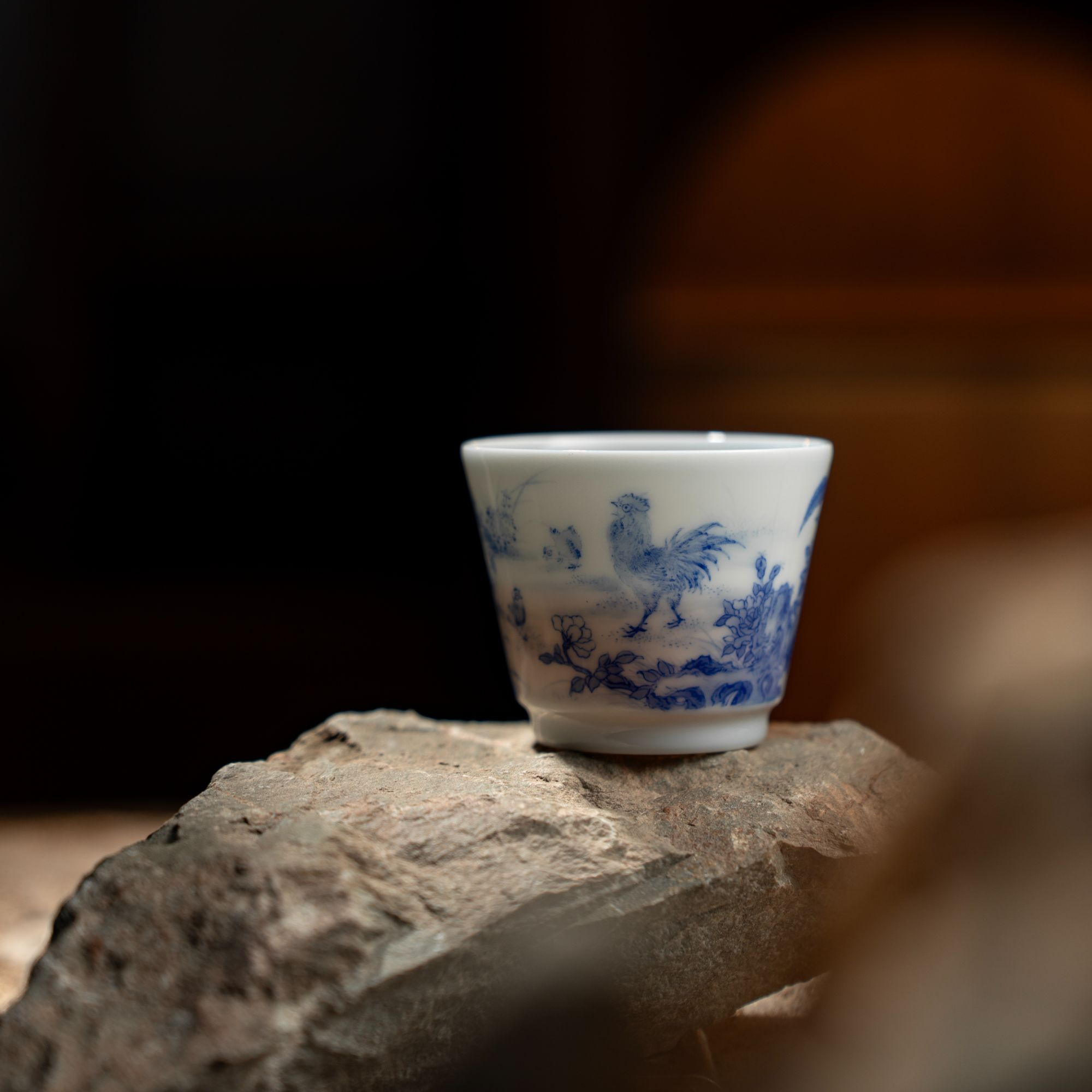 熊友根窑青花公鸡芭蕉叶马蹄杯景德镇手工手绘茶具满容50ml
