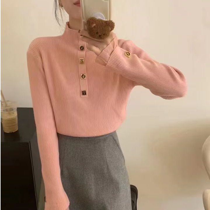 时尚胸扣袖扣拼接半高领长袖针织毛衣女2025秋冬新款气质打底上衣
