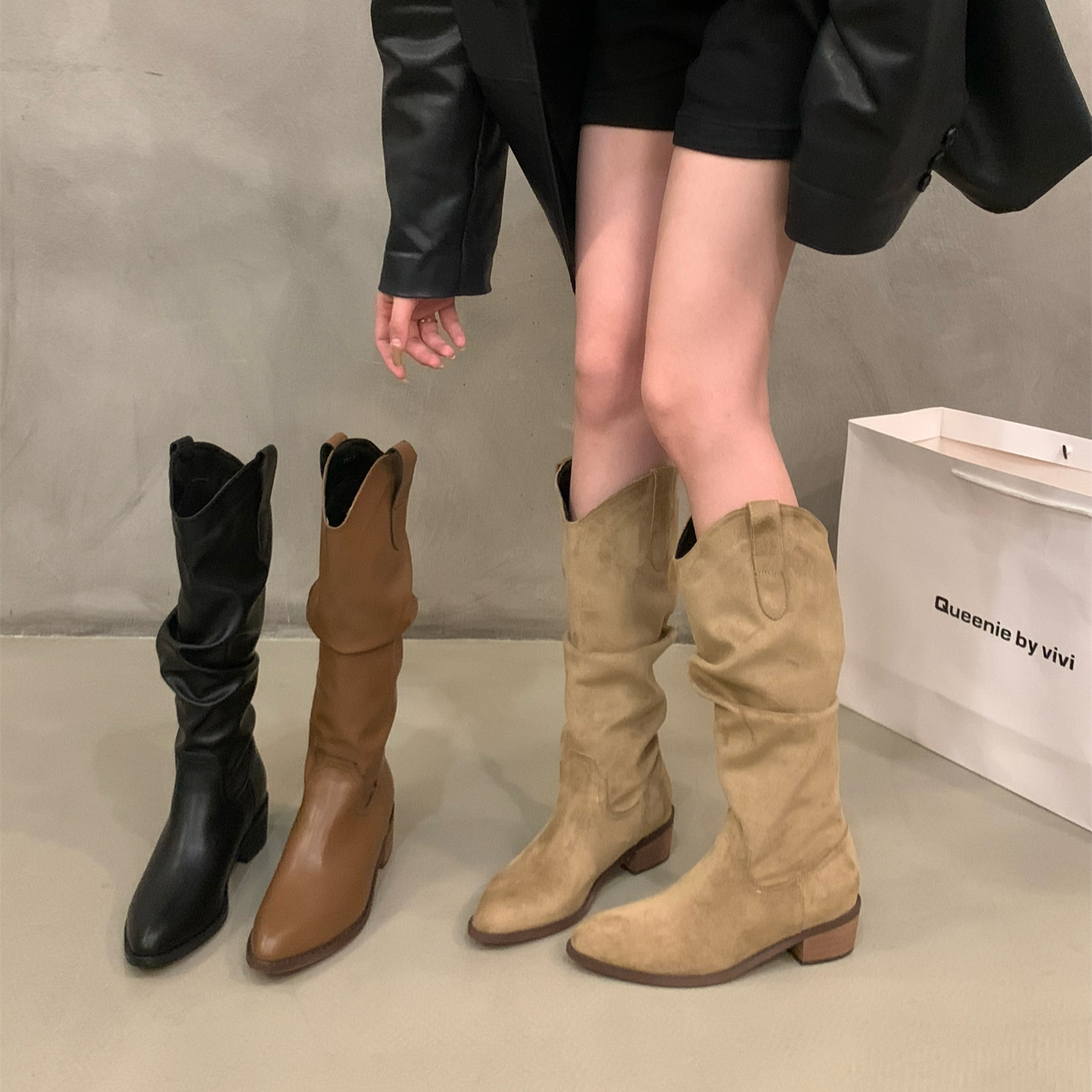 复古棕色V口堆堆中筒长靴女鞋2025春秋冬季尖头西部牛仔长筒靴子