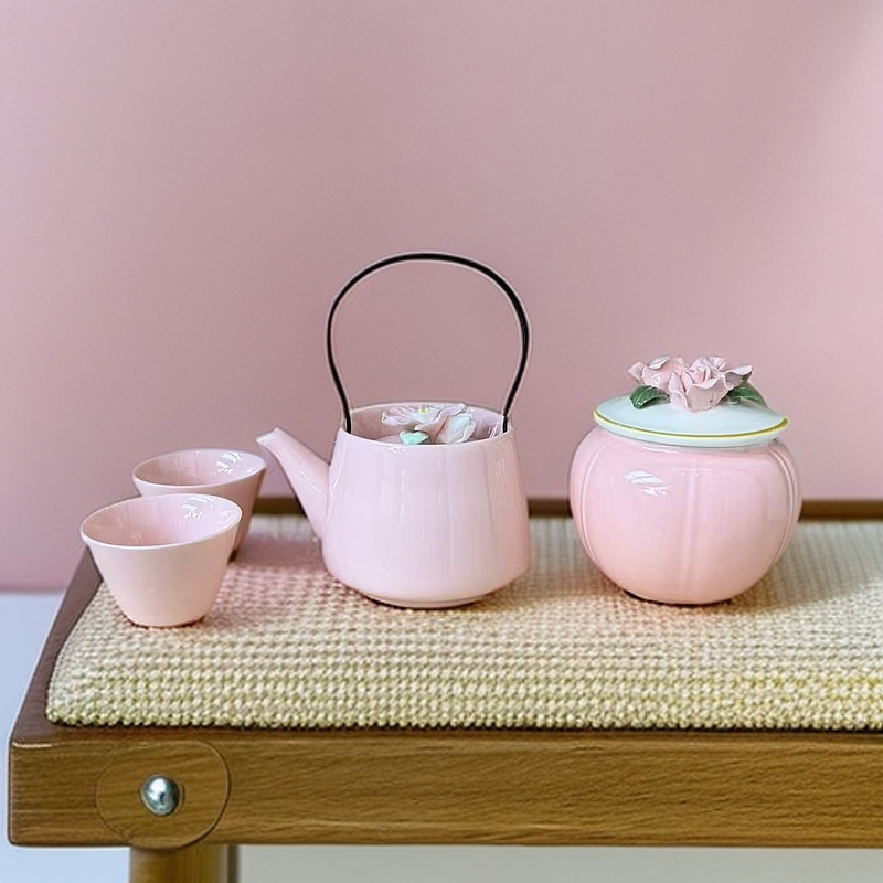 粉色手捏花提梁壶一壶二杯+茶叶罐-ZHZ253