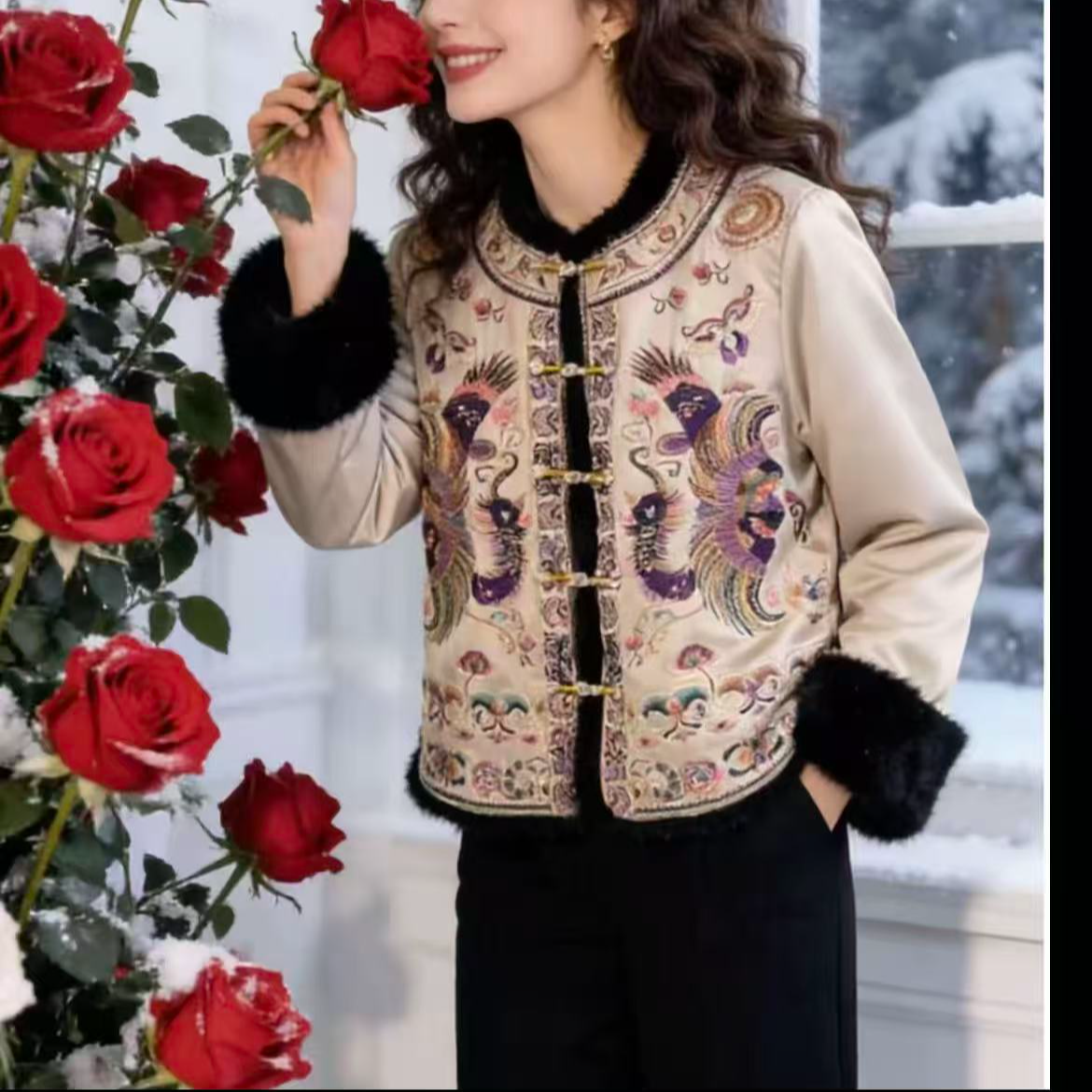 【明月】冬季新款重工刺绣国风新中式毛毛拼接长袖高级感外套