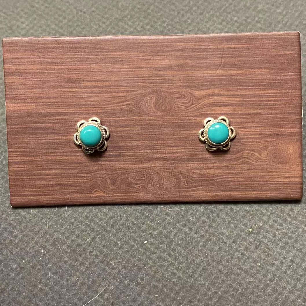 925银耳饰 耳环【西藏包邮】H387纯银耳钉尼泊尔纯手工花形蓝色精致