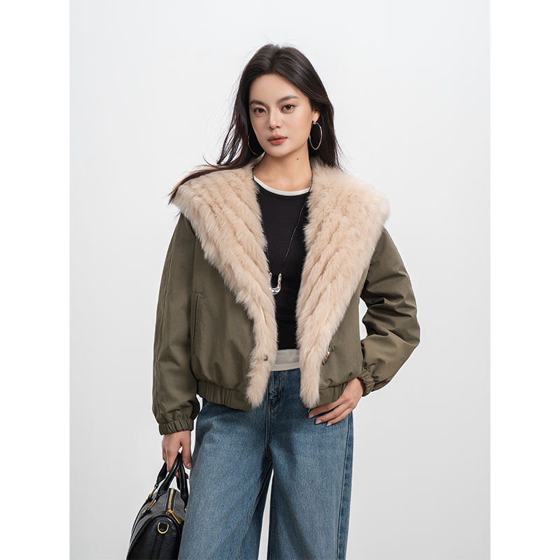 2025秋冬新款狐狸毛皮草外套女超大海军领鹅绒短款派克服