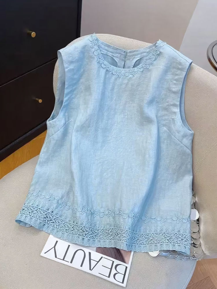 蓝色花边刺绣无袖背心女2025夏季显瘦圆领气质轻奢高级感女装上衣
