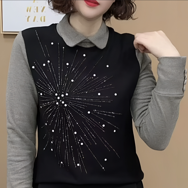 2024新款假两件设计时尚百搭显瘦加绒保暖烫钻上衣女