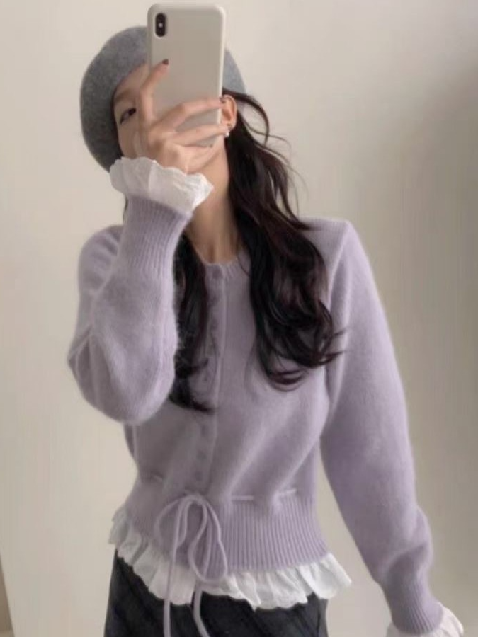 韩系花边拼接毛衣女装秋冬设计感收腰针织开衫小个子短款春天上衣