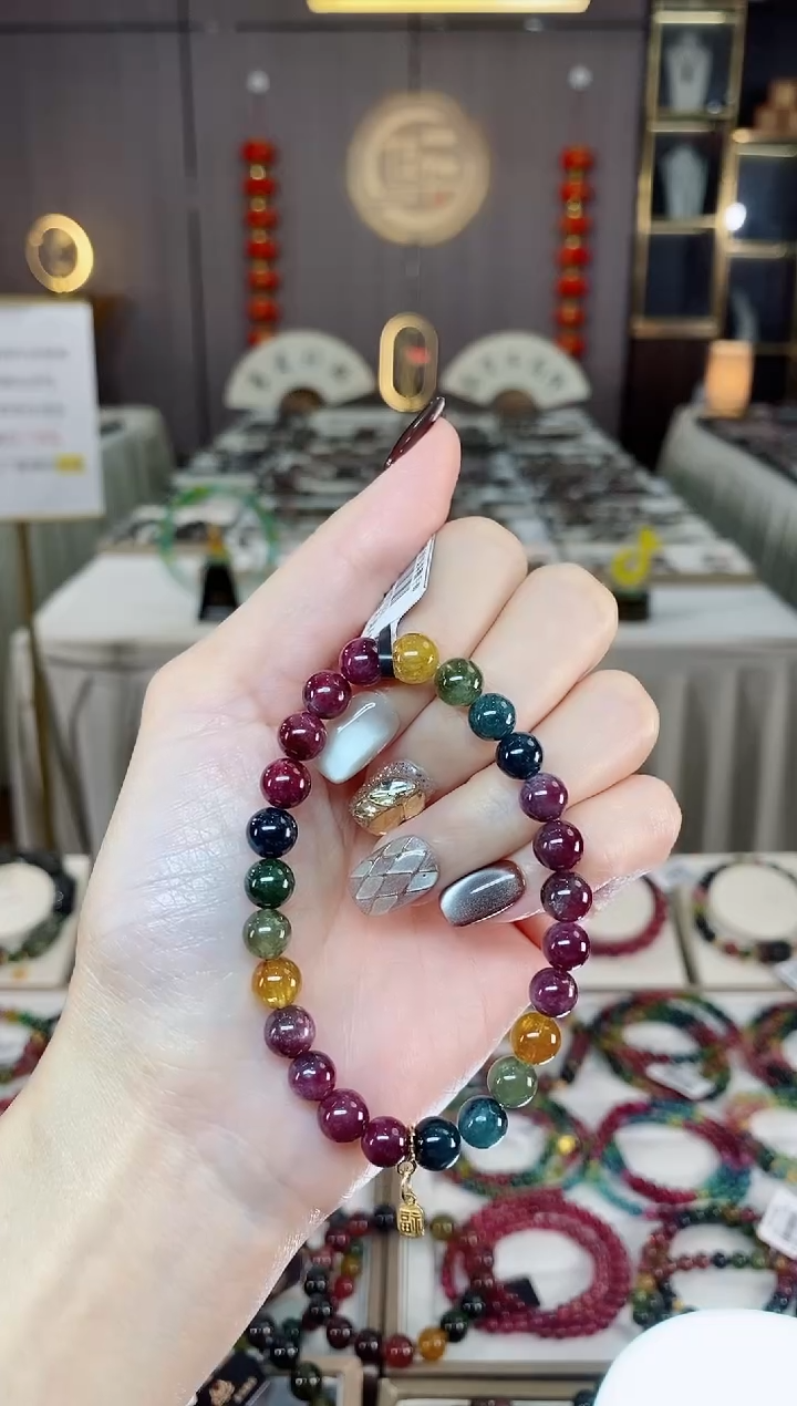 未镶嵌老矿碧玺色标彩虹单圈手串7mm+碧玺dan多样性发货一条