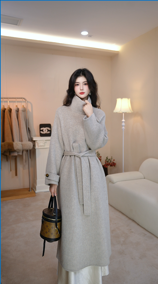 【朵儿】苏力羊驼毛双面呢大衣时尚大牌秋冬设计师系带翻领长款大衣