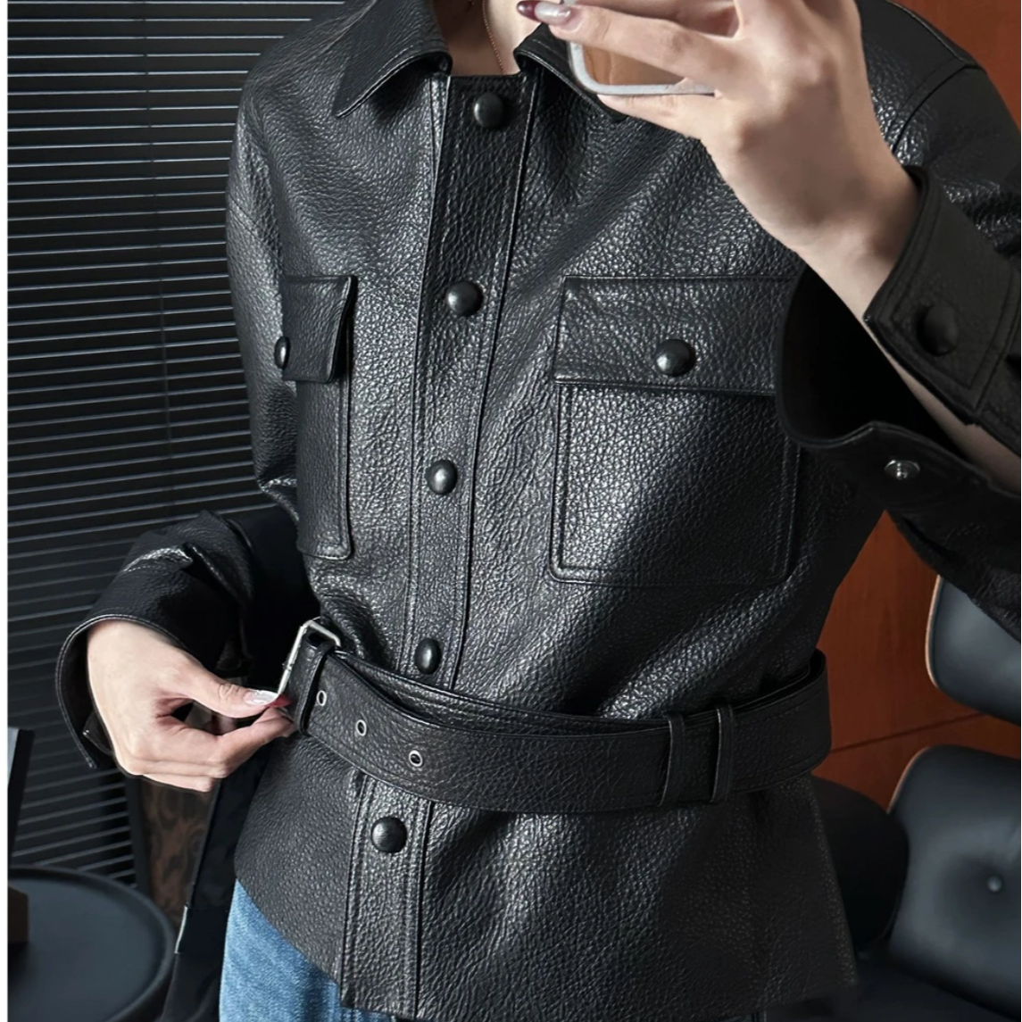 TZ 秋季静奢腰带皮衣 抗风保暖时尚百搭皮衣