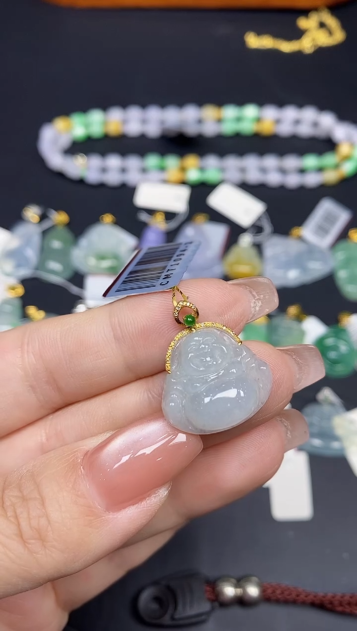 吊坠(不含链)18K金镶嵌翡翠佛公18K金扣镶嵌@@CMT